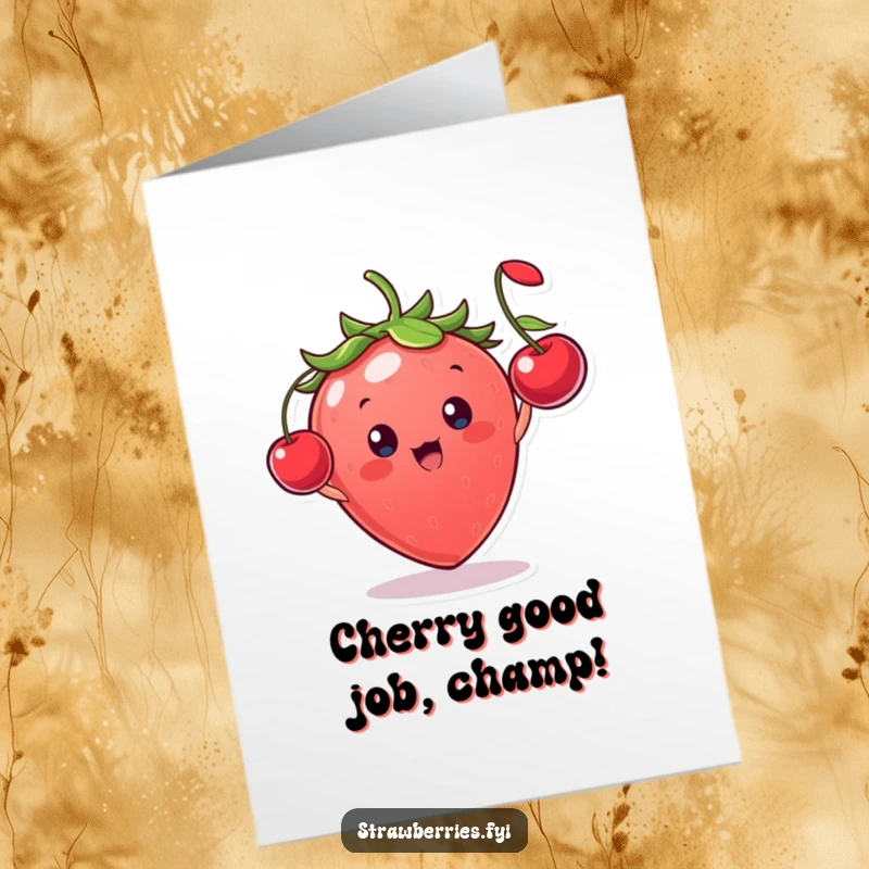 Funny Free Printable Congratulations Card: A smiling strawberry character joyfully throws a miniature cherry, celebrating.