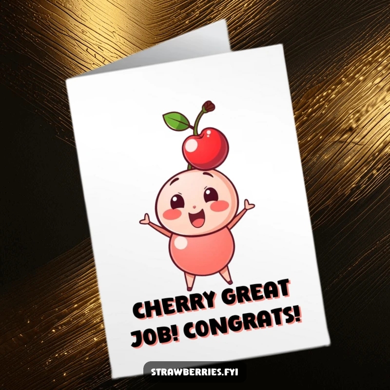 Funny Free Printable Congratulations Card: A happy cherry character doing a cheerful, enthusiastic head bobble.