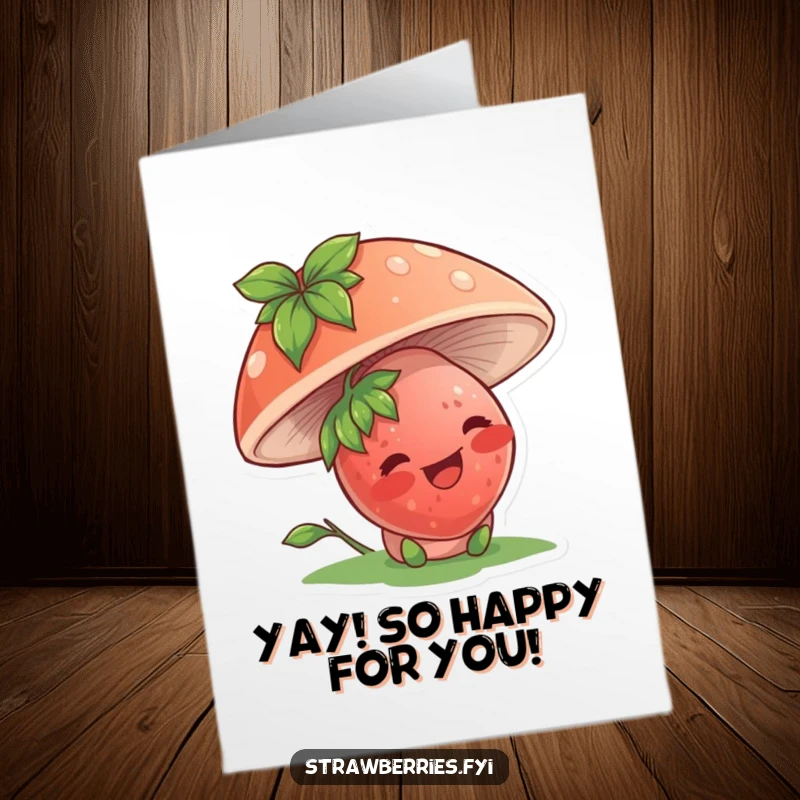 Funny Free Printable Congratulations Card showing a giggling strawberry character peeking from under a mushroom, celebrating success, a perfect DIY gift.