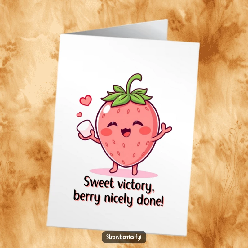Funny Free Printable Congratulations Card: A giggling strawberry character expertly juggles a small sugar cube with a smile.