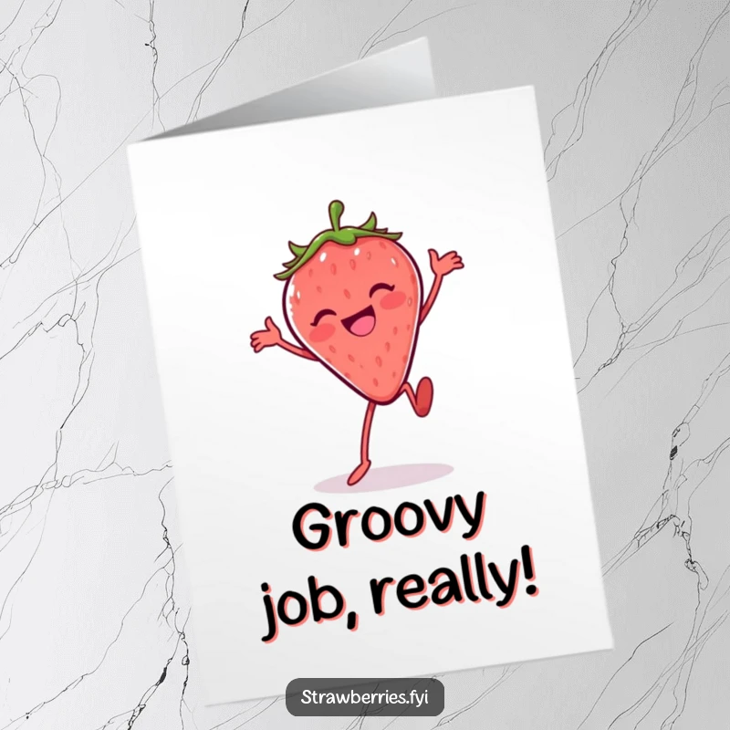 Funny Free Printable Congratulations Card: A joyful anthropomorphic strawberry is captured mid-silly dance, celebrating an exciting achievement.