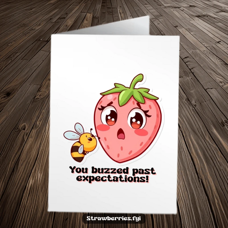 Funny Free Printable Congrats Card: Strawberry character surprised, dodging a bee, ideal for a unique printable gift.