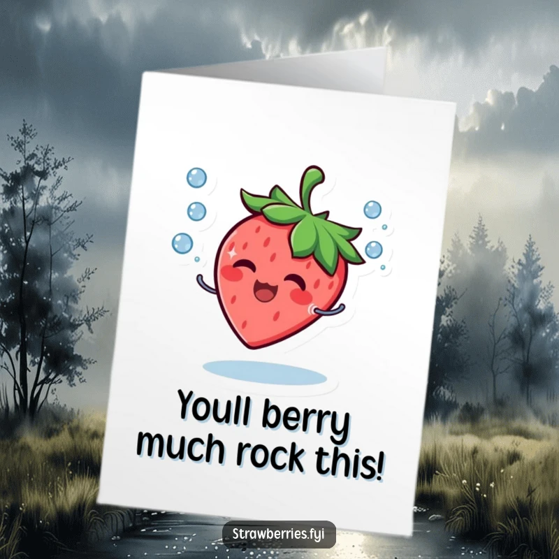 Funny Free Printable Congrats Card: Giggling strawberry character joyfully juggles small water droplets, celebrating success.