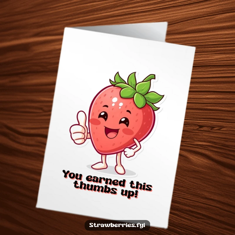 Funny Free Printable Congratulations Card: A beaming anthropomorphic strawberry gives a solid thumbs up, celebrating a wonderful success.