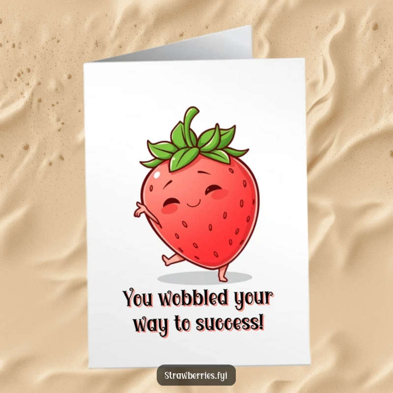 Funny free printable congratulations card showing a wobbly strawberry in a comical, unsteady pose, celebrating a win.