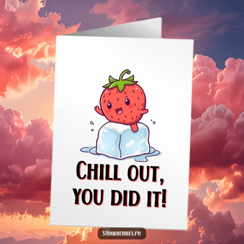 Funny Free Printable Congratulations Card: Kawaii strawberry character gleefully rides a melting ice cube, celebrating success.