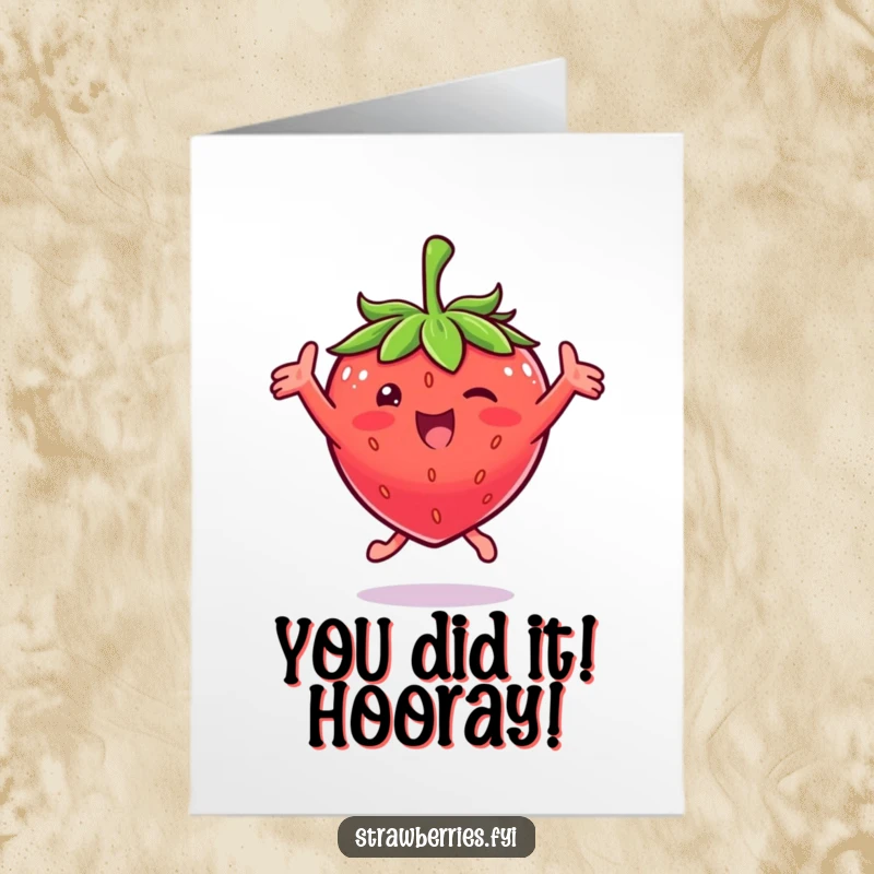 Funny Free Printable Congratulations Card: A strawberry character mid-leap, arms outstretched in ecstatic celebration.