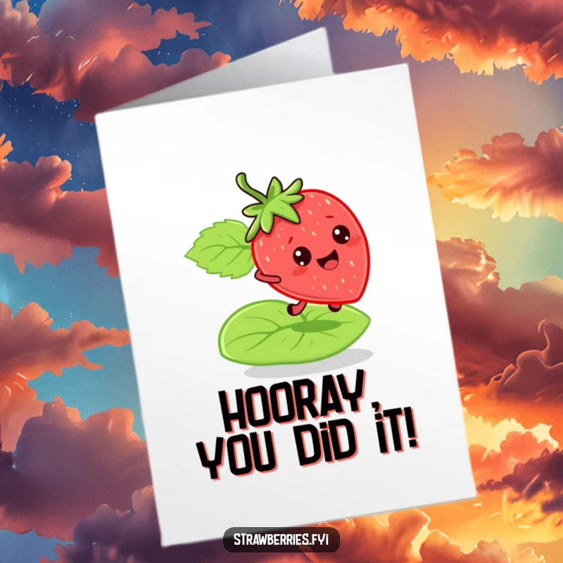 Free Printable Congratulations Card: A bouncy strawberry character energetically bouncing on a green leaf, celebrating success.