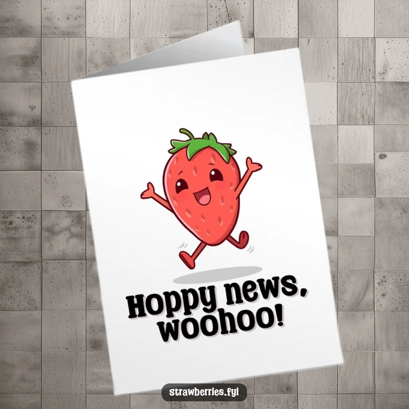 Funny Free Printable Congratulations Card: Strawberry character doing excited hops, signifying a leap towards success and celebration.