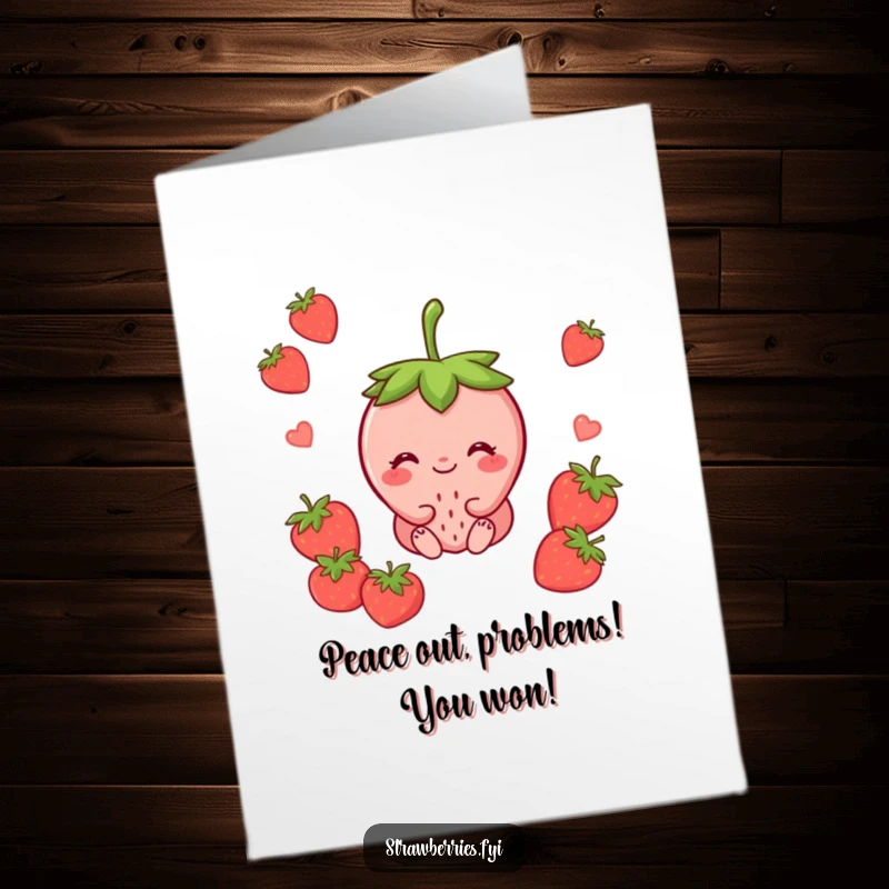 Funny free printable congratulations card with a content strawberry sitting peacefully, smiling, celebrating calm success.