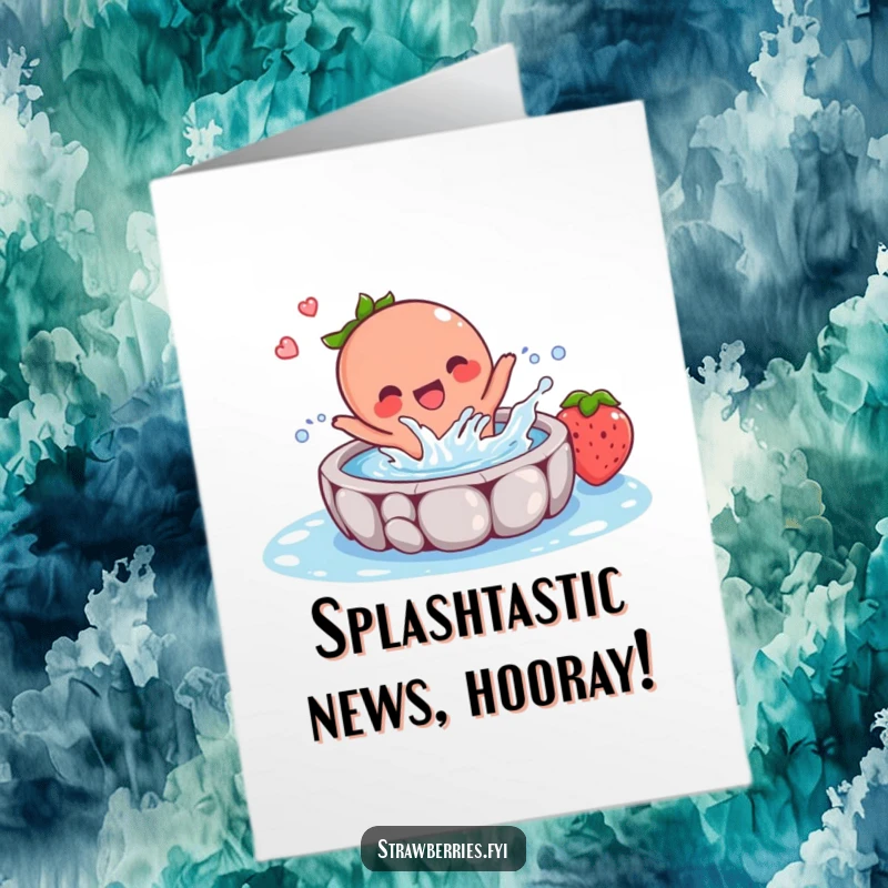 Funny Free Printable Congratulations Card: Strawberry character joyfully splashing in a small pool, embodying pure celebratory fun.