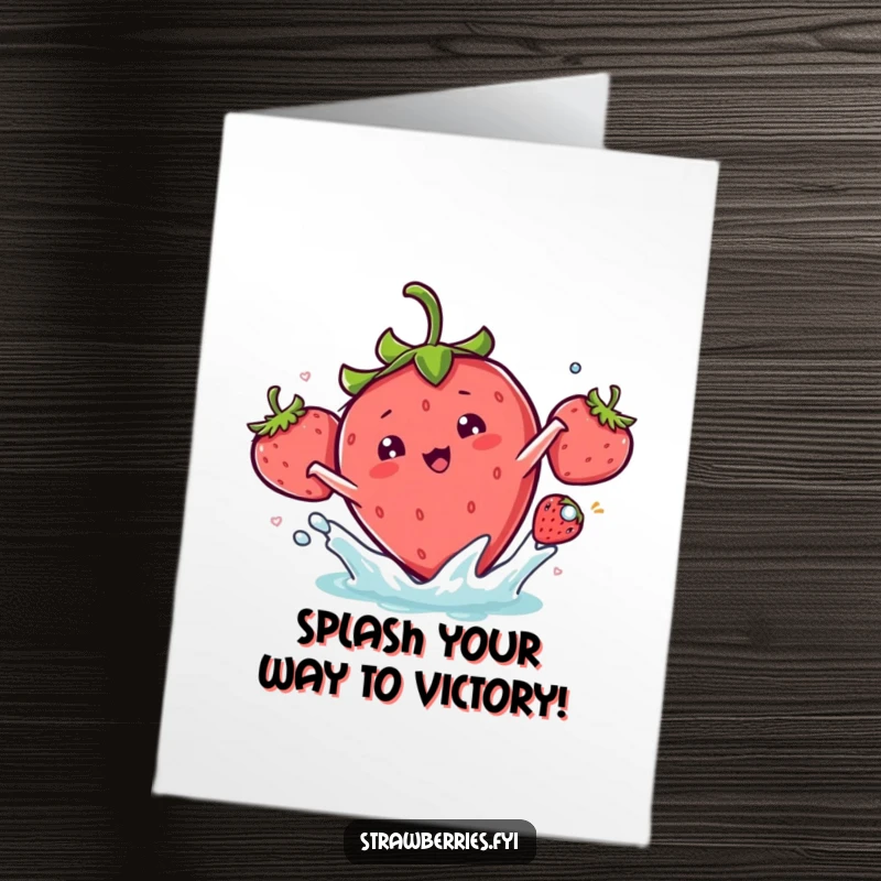 Funny Free Printable Congratulations Card: A kawaii strawberry character making a cheerful and playful splash, full of excitement.