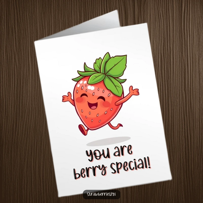 Funny Free Printable Congratulations Card: A happy strawberry character in a leafy crown, hopping with glee.