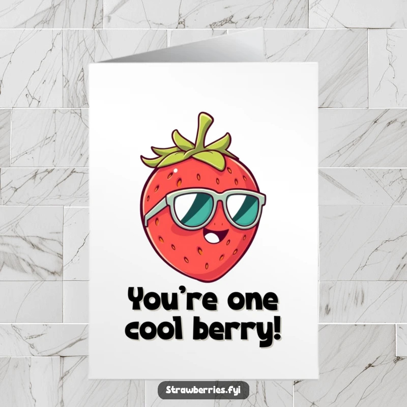 Funny Free Printable Congratulations Card: Giggling strawberry wearing small sunglasses, celebrating success with infectious laughter.