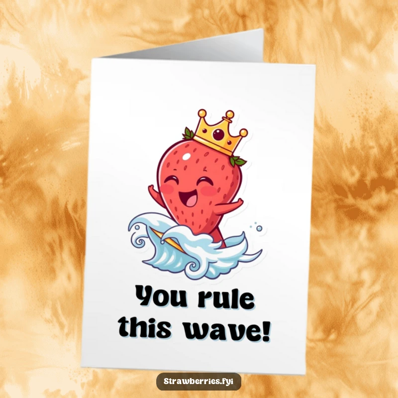 Funny Free Printable Congratulations Card: Laughing strawberry with a crown rides a fruit wave, celebrating victory.
