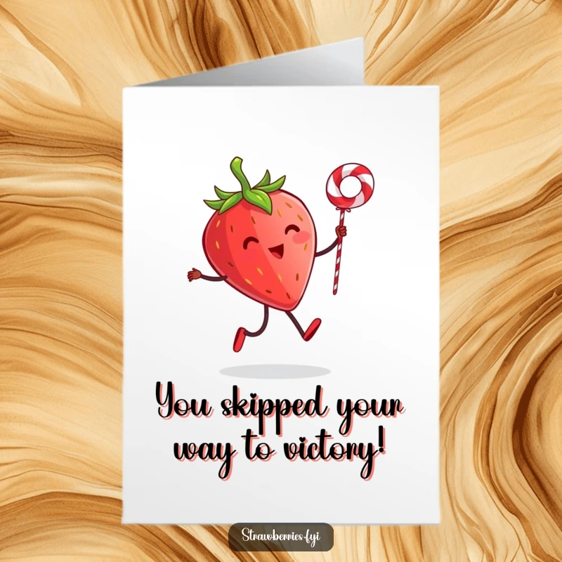 Funny Free Printable Congratulations Card: Energetic strawberry with tiny legs skipping rope, cheering for success.