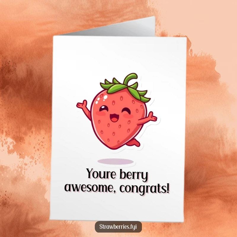 Funny Free Printable Congratulations Card: A kawaii strawberry leaping with glee, celebrating success with humor.