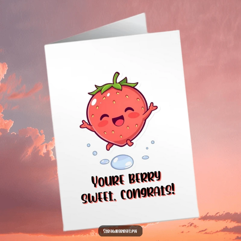 Funny Free Printable Congratulations Card: Cute strawberry character leaping over a dewdrop, celebrating victory.