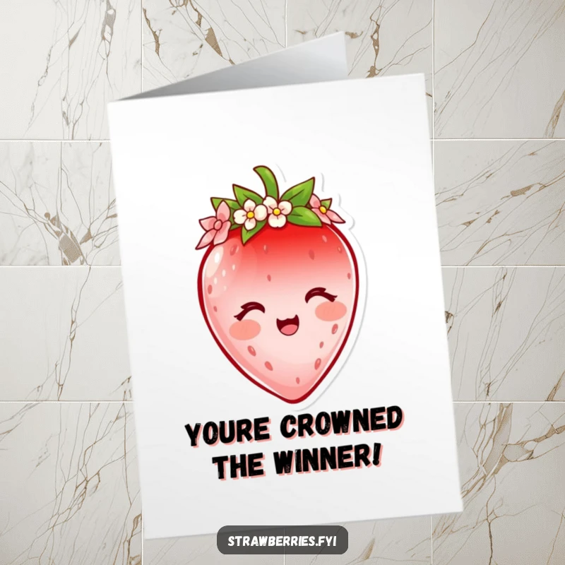 Free Printable Congratulations Card: A delighted strawberry character adorned with a tiny flower crown, celebrating a win.