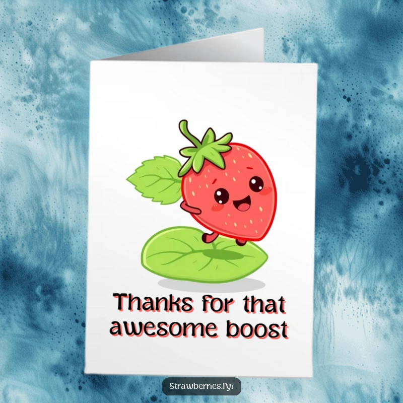 Free Printable Thank You Card: A bouncy strawberry character gleefully bouncing on a green leaf, sending thanks.