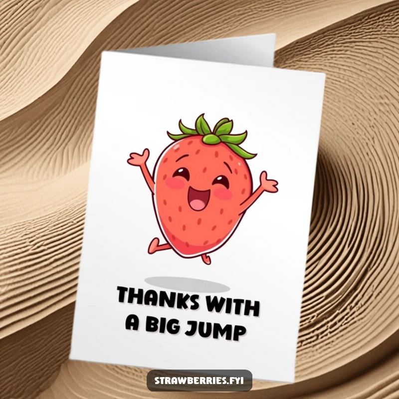 Funny Free Printable Thank You Card: An energetic strawberry doing a jumping jack, conveying enthusiastic thanks with vibrant motion.