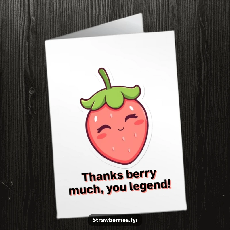 Funny Free Printable thank you card with a winking kawaii strawberry tipping its leafy cap in a charming gesture.