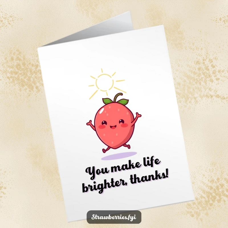 Happy Free Printable thank you card depicting a kawaii strawberry character dancing with joy under a warm sunbeam.
