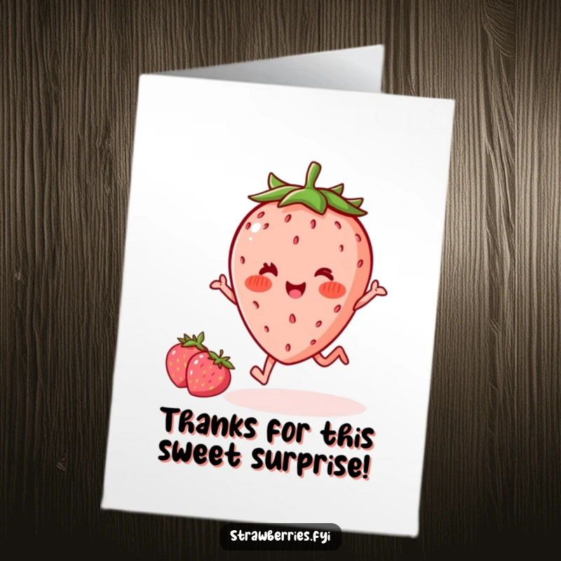 Sweet Free Printable thank you card featuring a kawaii strawberry with rosy cheeks joyfully performing a little hop.