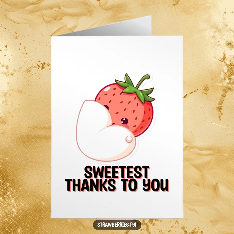 Funny Free Printable Thank You Card: A shy strawberry cautiously peeking from behind a petal, expressing thanks with sweet modesty.