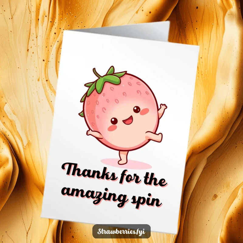 Funny Free Printable Thank You Card: A kawaii strawberry doing a cartwheel with a happy expression, a fun way to say thanks.