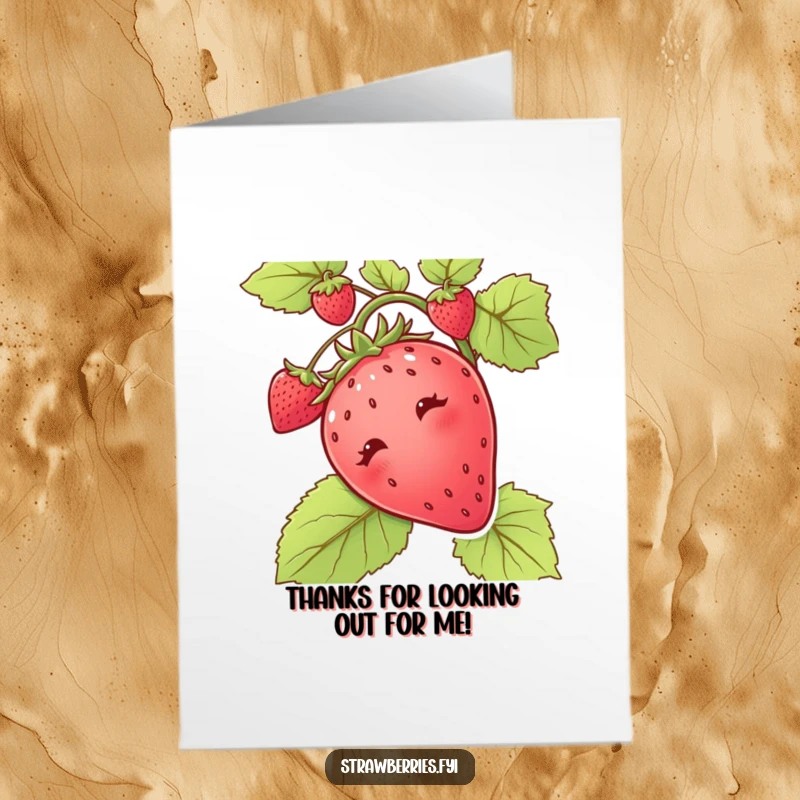 Funny free printable thank you card: A strawberry curiously peeks from behind a vine, conveying thanks with a hint of inquisitiveness.