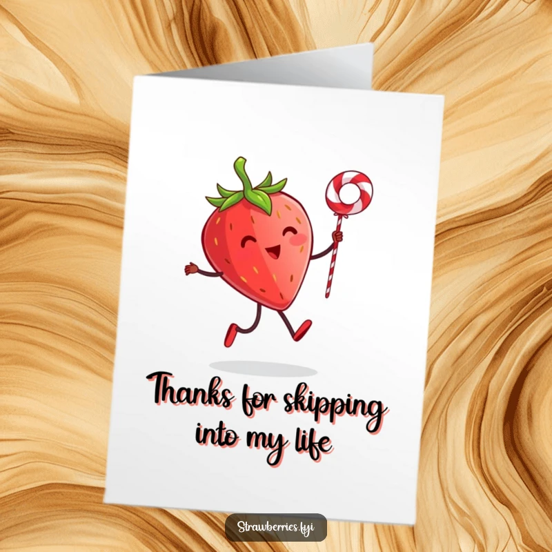Funny Free Printable Thank You Card: Adorable strawberry with tiny legs skipping rope, expressing cheerful gratitude.