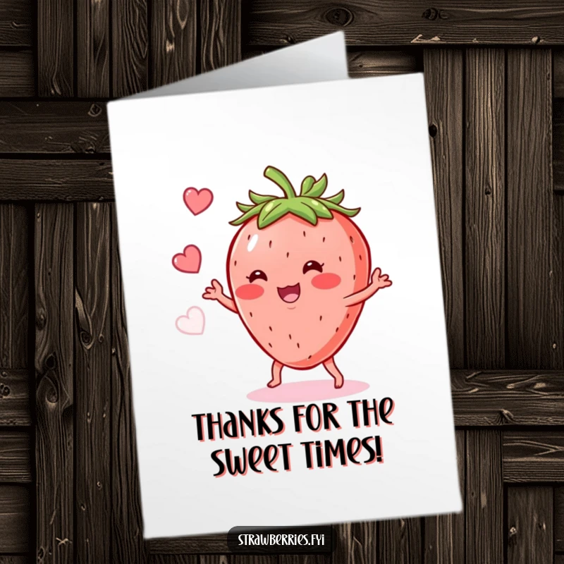 Funny Free Printable Thank You Card: A happy anthropomorphic strawberry shows off its groovy shimmy, expressing sincere thanks.