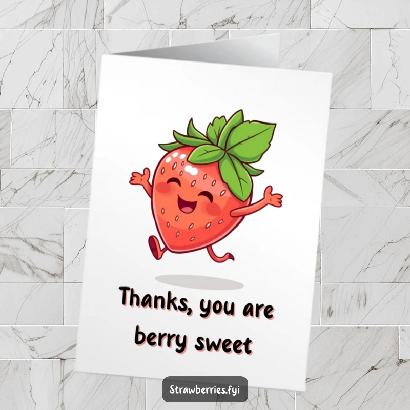 Funny Free Printable Thank You Card: A happy strawberry character with a leafy crown, hopping to show thanks.
