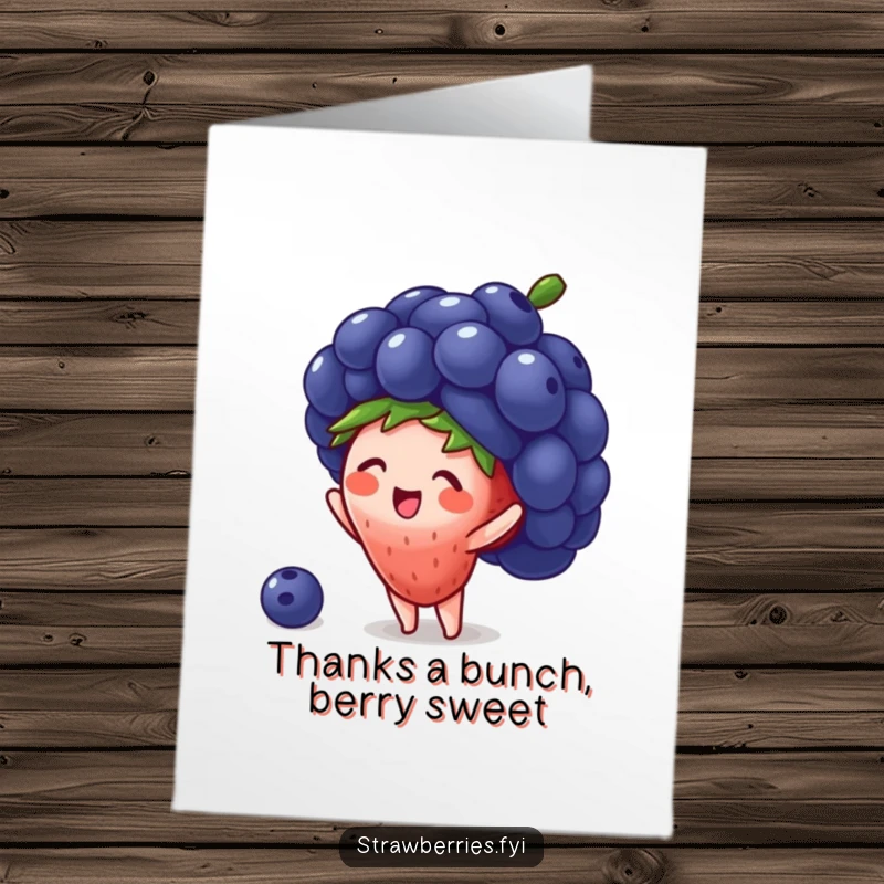 Funny Free Printable Thank You Card: A tiny strawberry joyfully attempts to wear a giant blueberry as a hat, saying thanks.