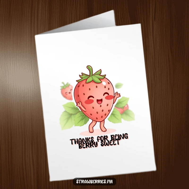 Funny Free Printable Thank You Card with a blushing strawberry character doing a happy dance, expressing thanks cutely.