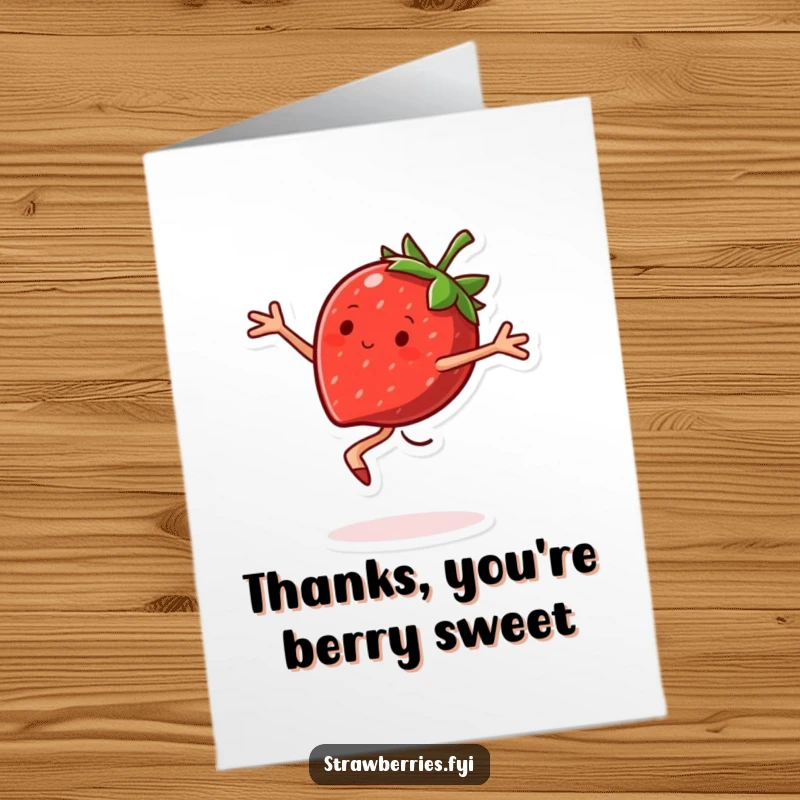 Funny Free Printable Thank You Card: A strawberry character doing a joyful pirouette to say thank you.