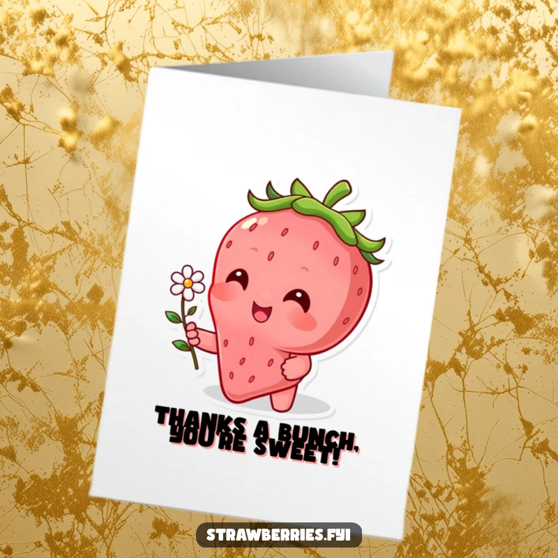Funny free printable thank you card depicting a cheerful strawberry character offering a tiny flower with thanks.