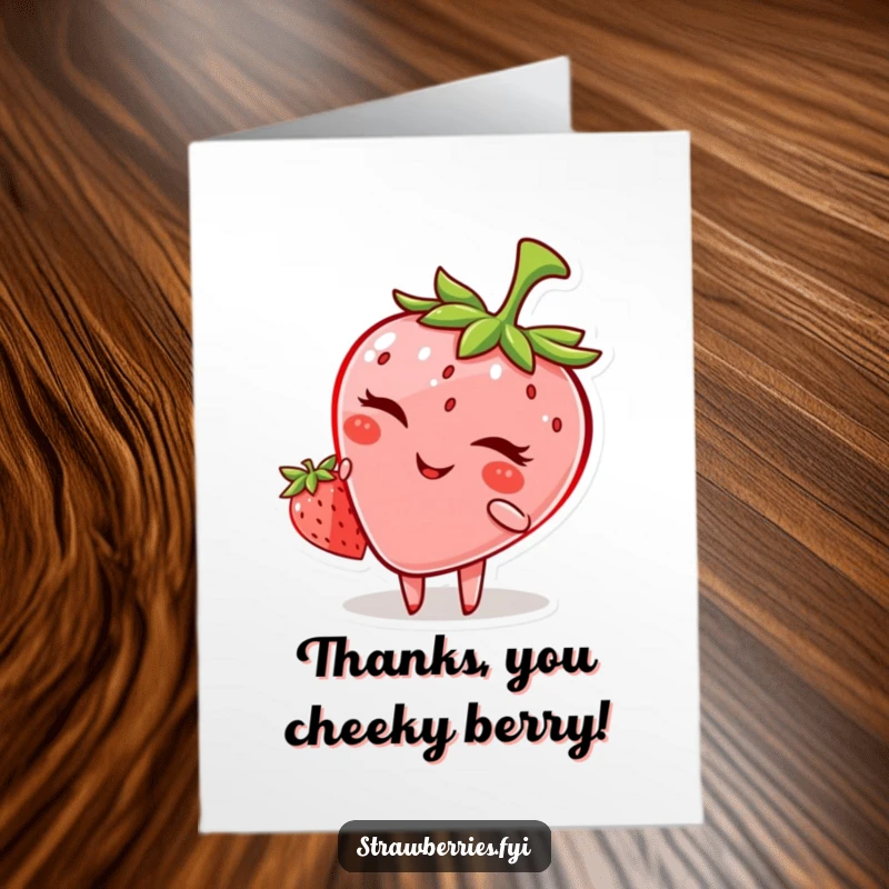 Funny Free Printable Thank You Card showcases a mischievous anthropomorphic strawberry winking slyly, conveying thanks with a humorous touch.