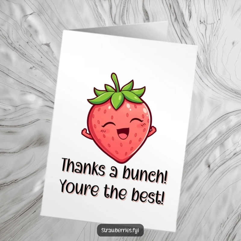Funny free printable thank you card with a tickled strawberry character wiggling uncontrollably in a display of happy gratitude.