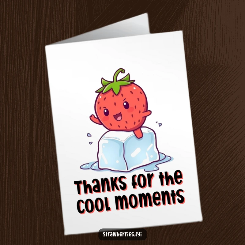 Funny Free Printable Thank You Card: Kawaii strawberry character surfs a melting ice cube, showing appreciation.