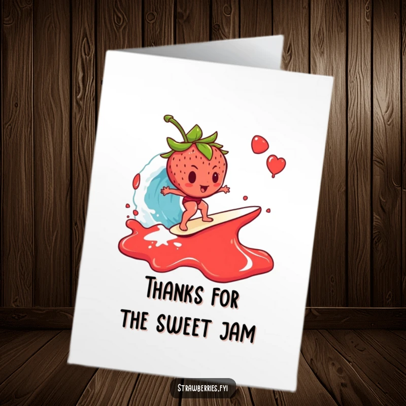 Funny free printable thank you card: A strawberry determinedly surfs a huge, cresting wave made of glistening jam.