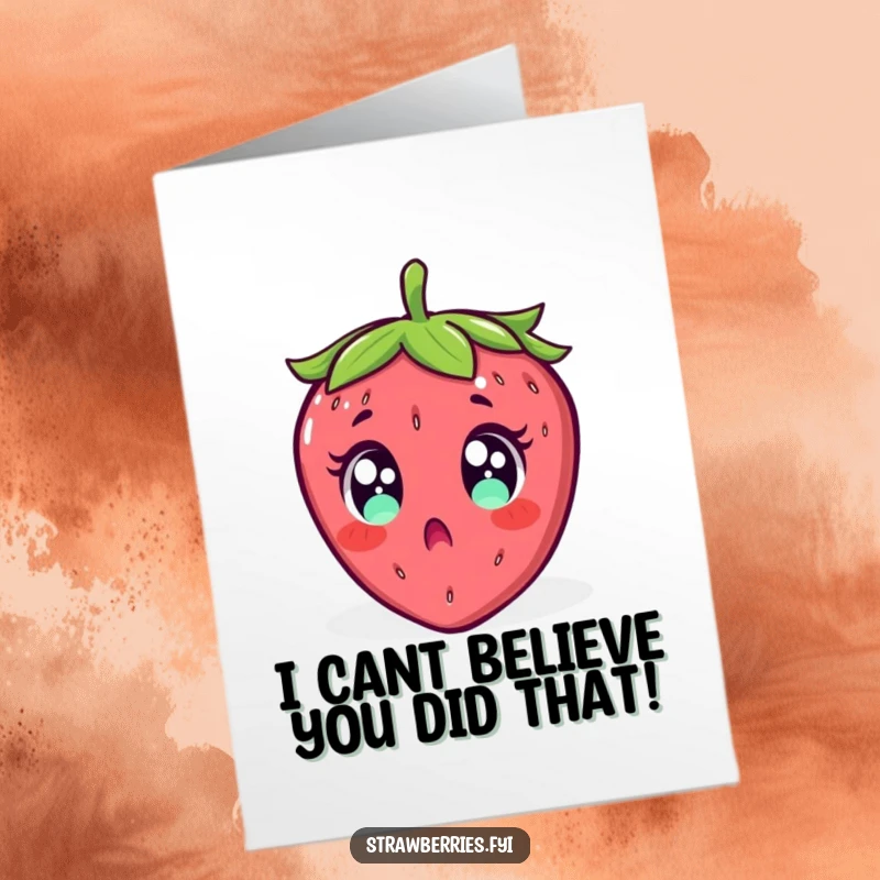 Funny free printable thank you card: A strawberry with comically wide eyes is caught mid-fall, expressing surprised gratitude.