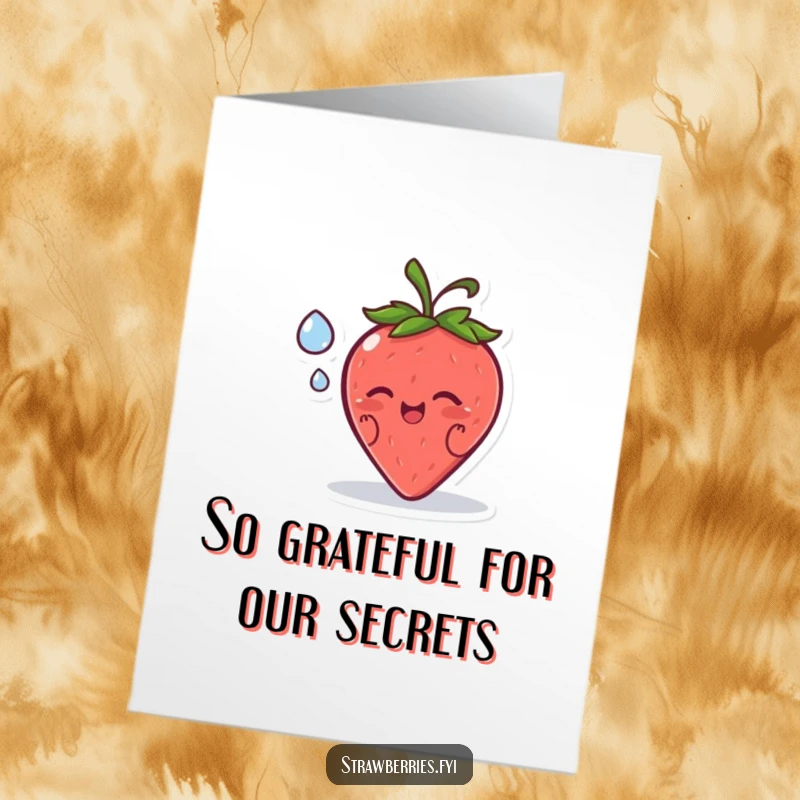 Funny Free Printable Thank You Card with a happy strawberry character sharing a secret with a dewdrop, a charming thank you, a DIY gift.