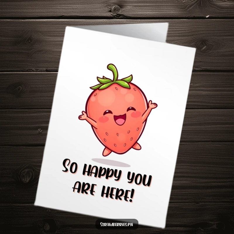 Funny Free Printable Thank You Card featuring a delighted Kawaii strawberry character leaping with overflowing gratitude.