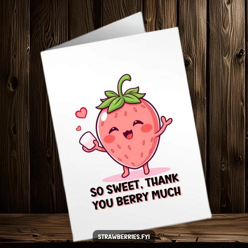 Funny Free Printable Thank You Card: A giggling strawberry character juggling a tiny sugar cube, conveying sweet thanks.