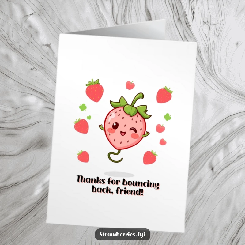 Joyful Free Printable thank you card featuring a kawaii strawberry character bouncing playfully on a flexible springy stem.