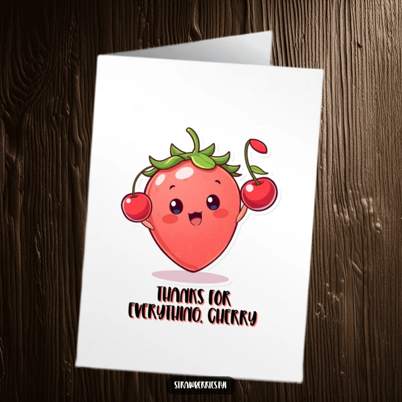Funny Free Printable Thank You Card: A cheerful strawberry character throws a miniature cherry, expressing thanks.