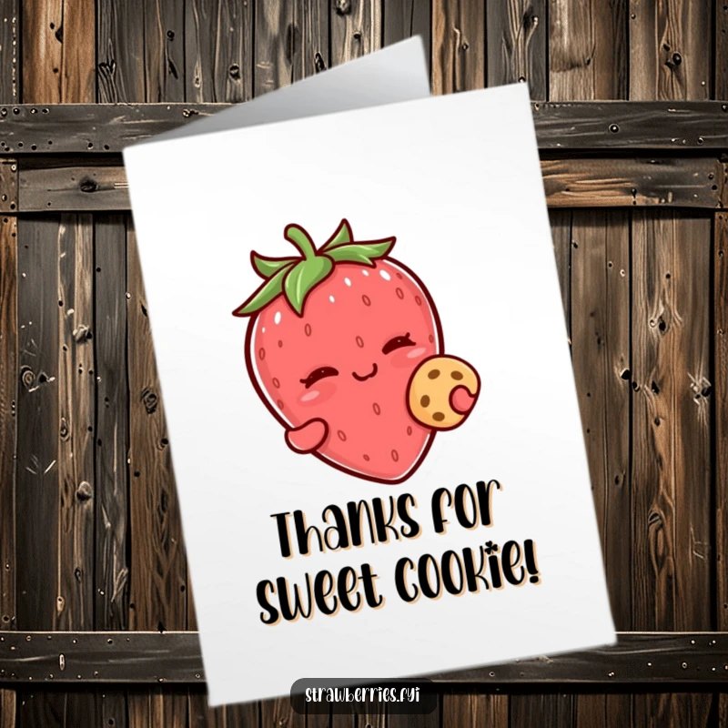 Funny Free Printable Thank You Card: A kawaii strawberry character giving a charming wink while presenting a tiny cookie.