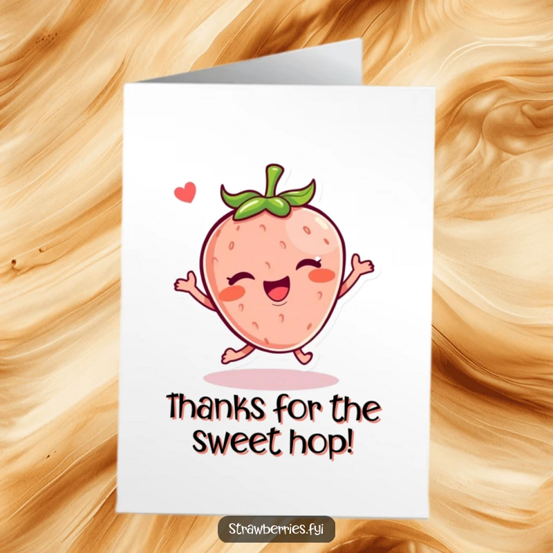 Funny Free Printable Kawaii strawberry character hopping with a wink, perfect for a cheerful and humorous thank you note.